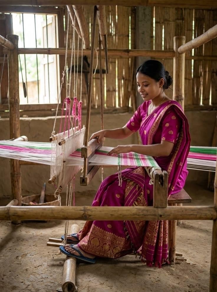 Assamese artisan woman weaving pure Eri peace silk on a traditional village bamboo handloom in Assam